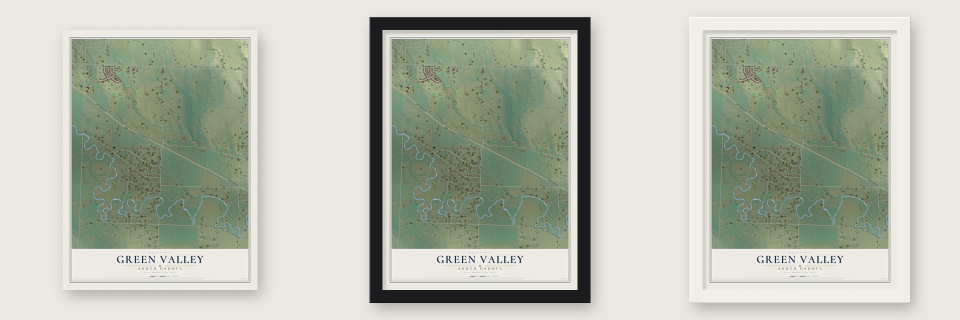Green Valley, South Dakota map unframed, in a black wood frame and in a white wood frame