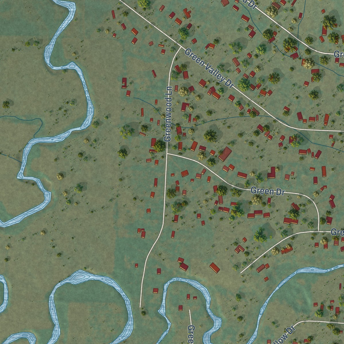 Second close-up of the map of Green Valley, South Dakota print showing more streets and buildings
