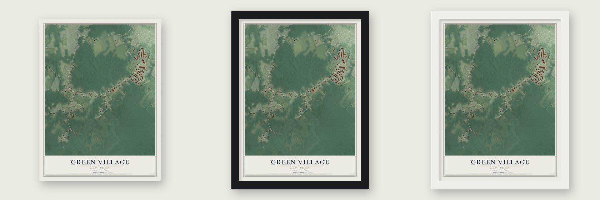 Green Village, New Jersey map unframed, in a black wood frame and in a white wood frame