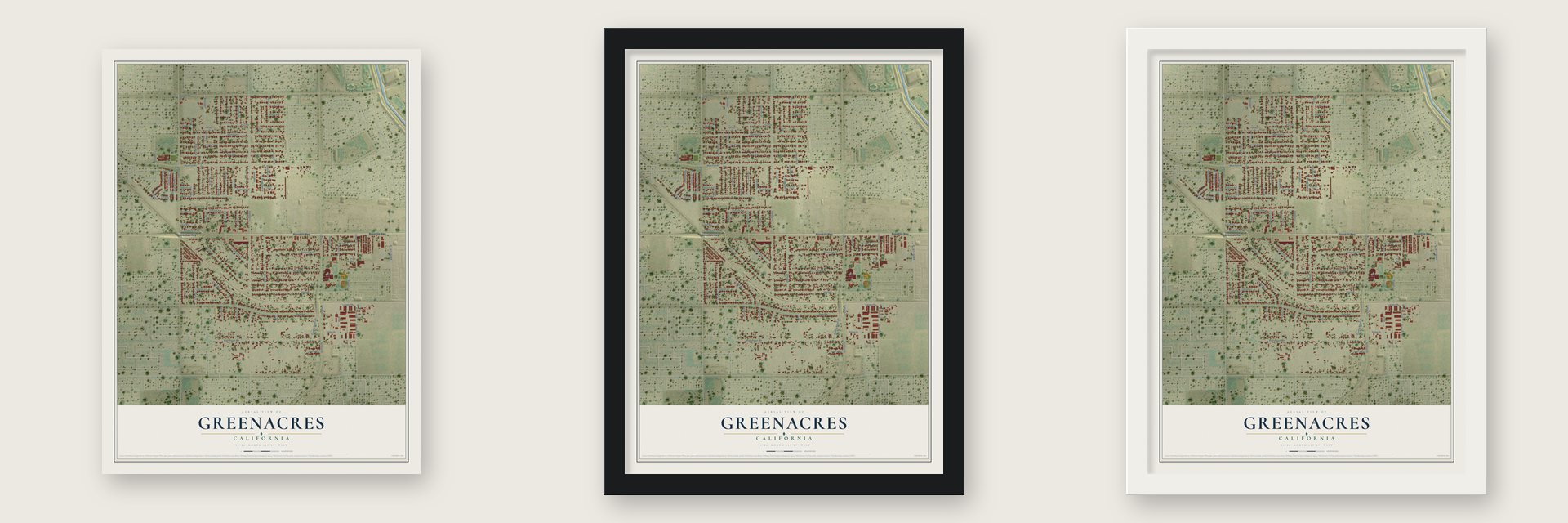 Greenacres, California map unframed, in a black wood frame and in a white wood frame