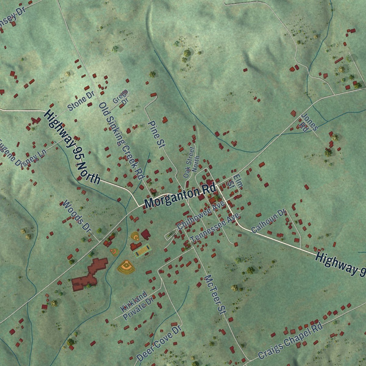 Second close-up of the map of Greenback, Tennessee print showing more streets and buildings