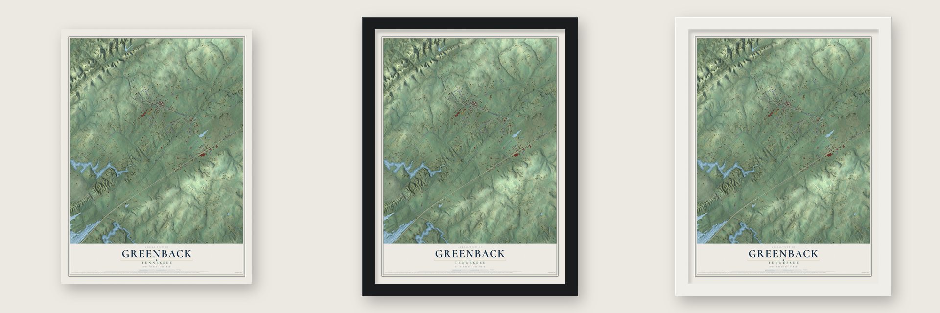 Greenback, Tennessee map unframed, in a black wood frame and in a white wood frame