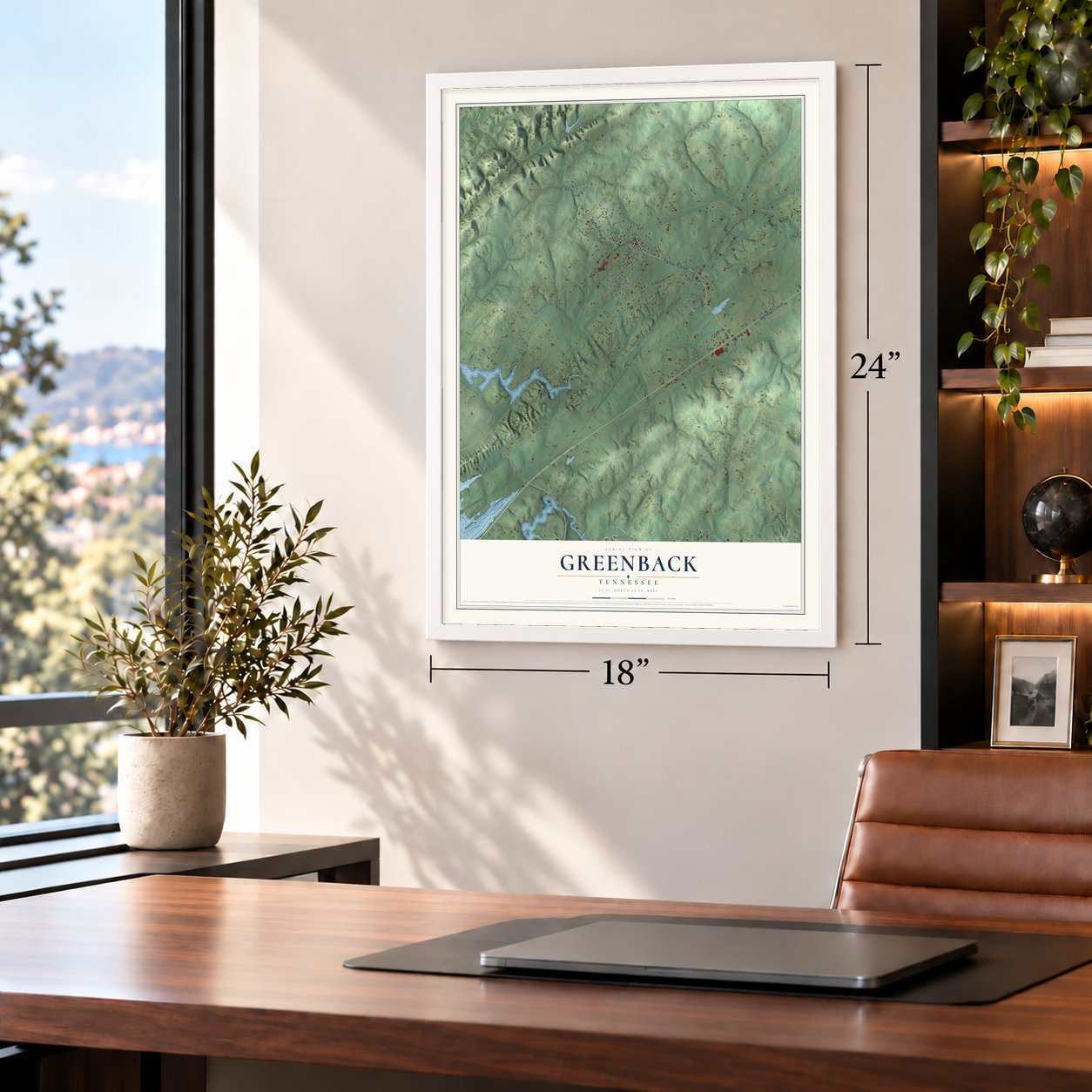 Greenback, Tennessee map, 18 x 24 inch print in a white frame in a home office