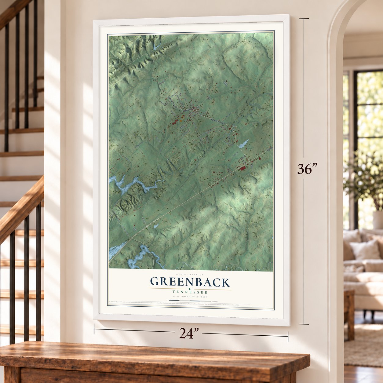 Greenback, Tennessee map, 24 x 36 inch print in a white frame by a staircase