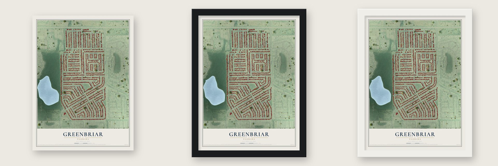 Greenbriar, Florida map unframed, in a black wood frame and in a white wood frame