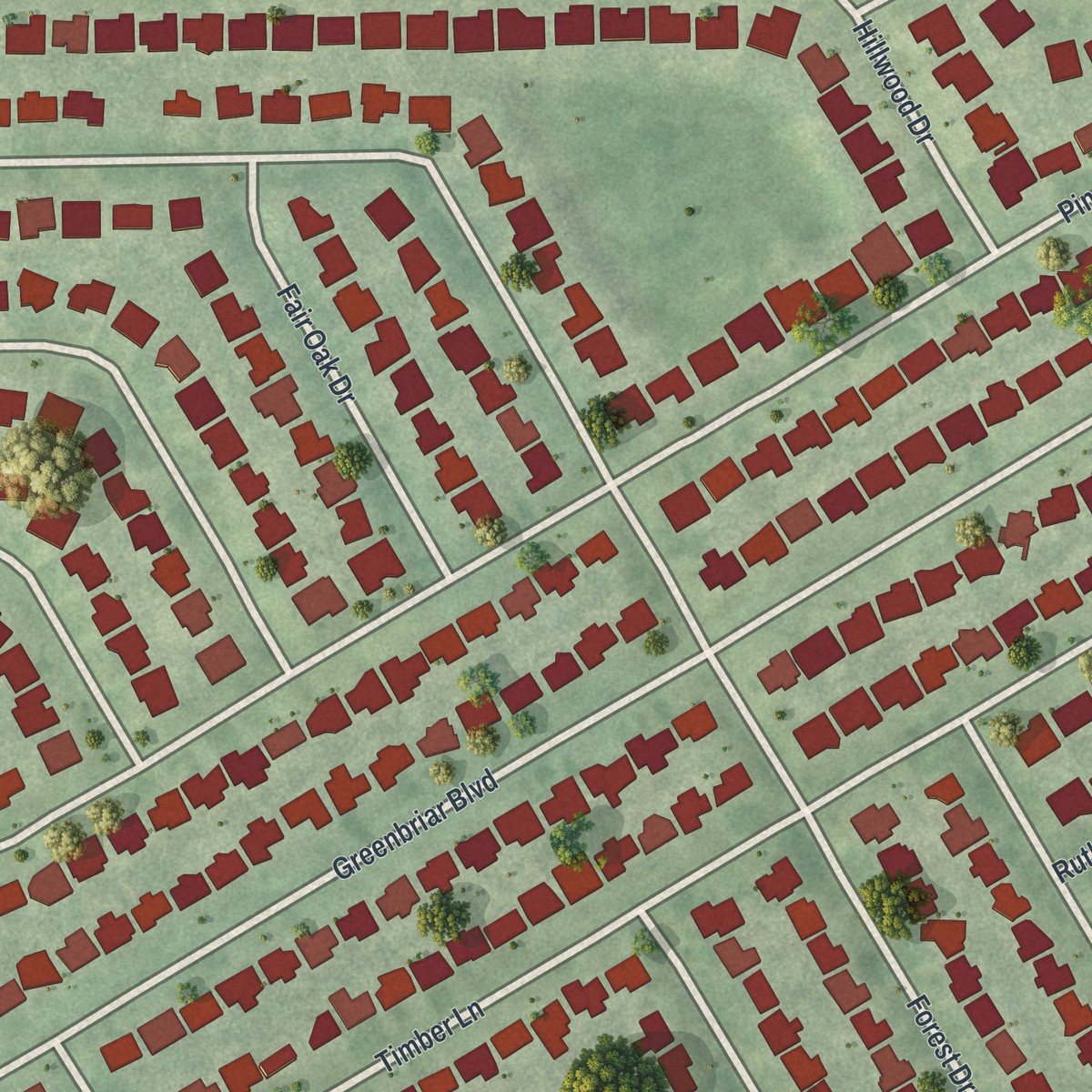 Second close-up of the map of Greenbriar, Florida print showing more streets and buildings