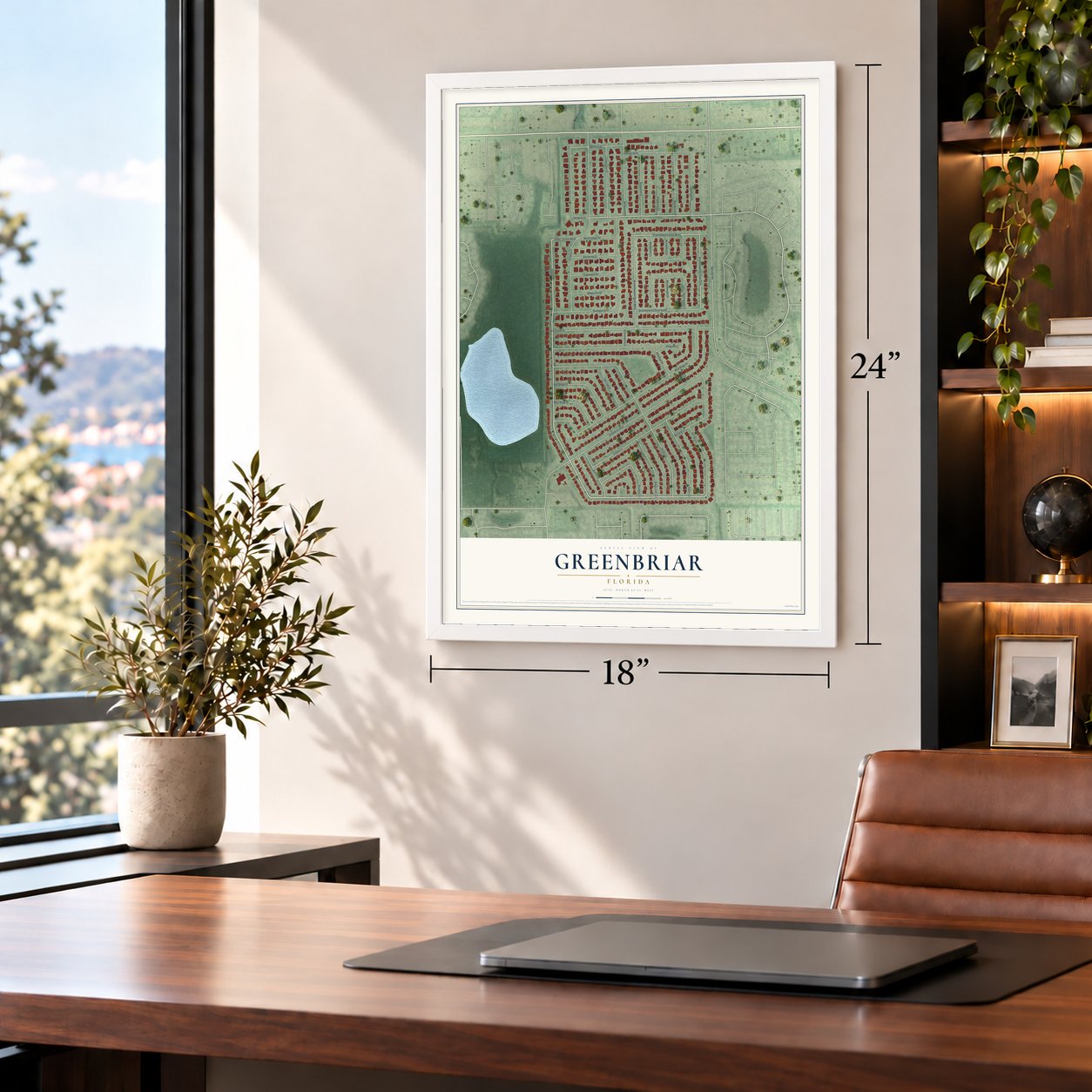 Greenbriar, Florida map, 18 x 24 inch print in a white frame in a home office