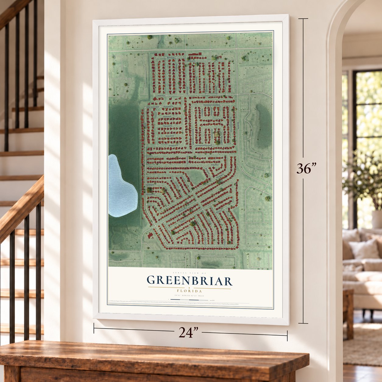 Greenbriar, Florida map, 24 x 36 inch print in a white frame by a staircase