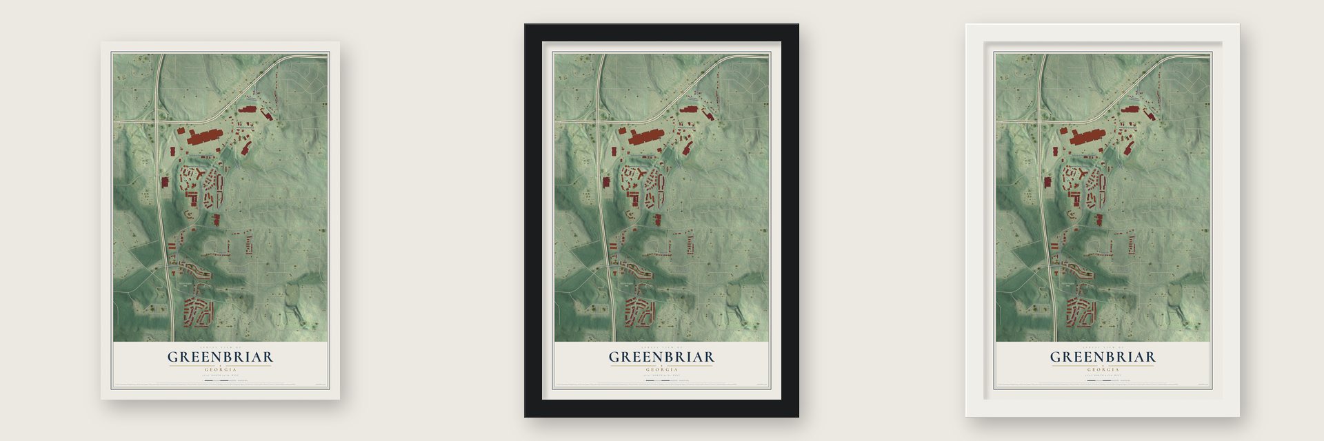 Greenbriar, Georgia map unframed, in a black wood frame and in a white wood frame