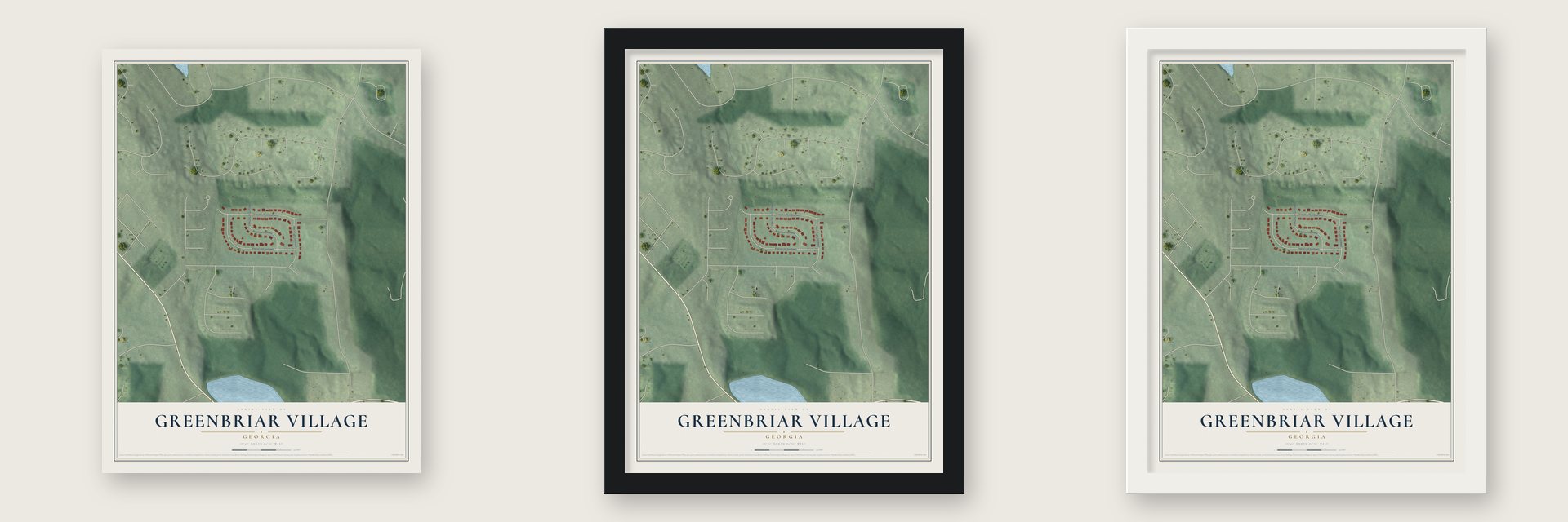 Greenbriar Village, Georgia map unframed, in a black wood frame and in a white wood frame