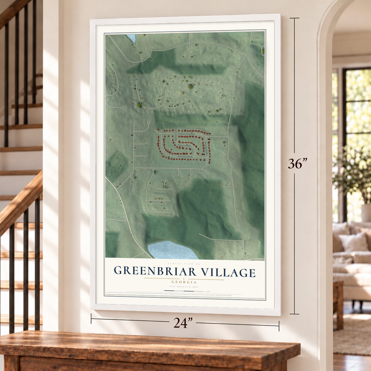 Greenbriar Village, Georgia map, 24 x 36 inch print in a white frame by a staircase