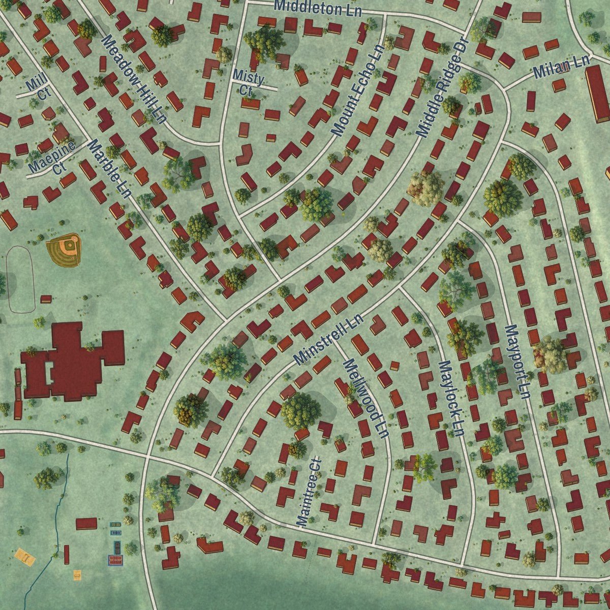 Second close-up of the map of Greenbriar, Virginia print showing more streets and buildings