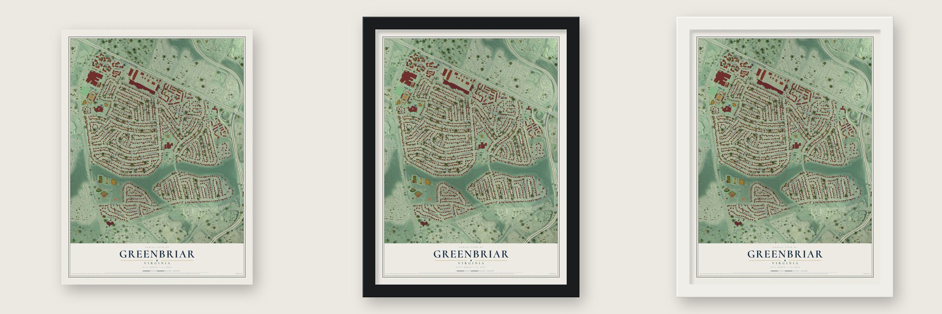 Greenbriar, Virginia map unframed, in a black wood frame and in a white wood frame