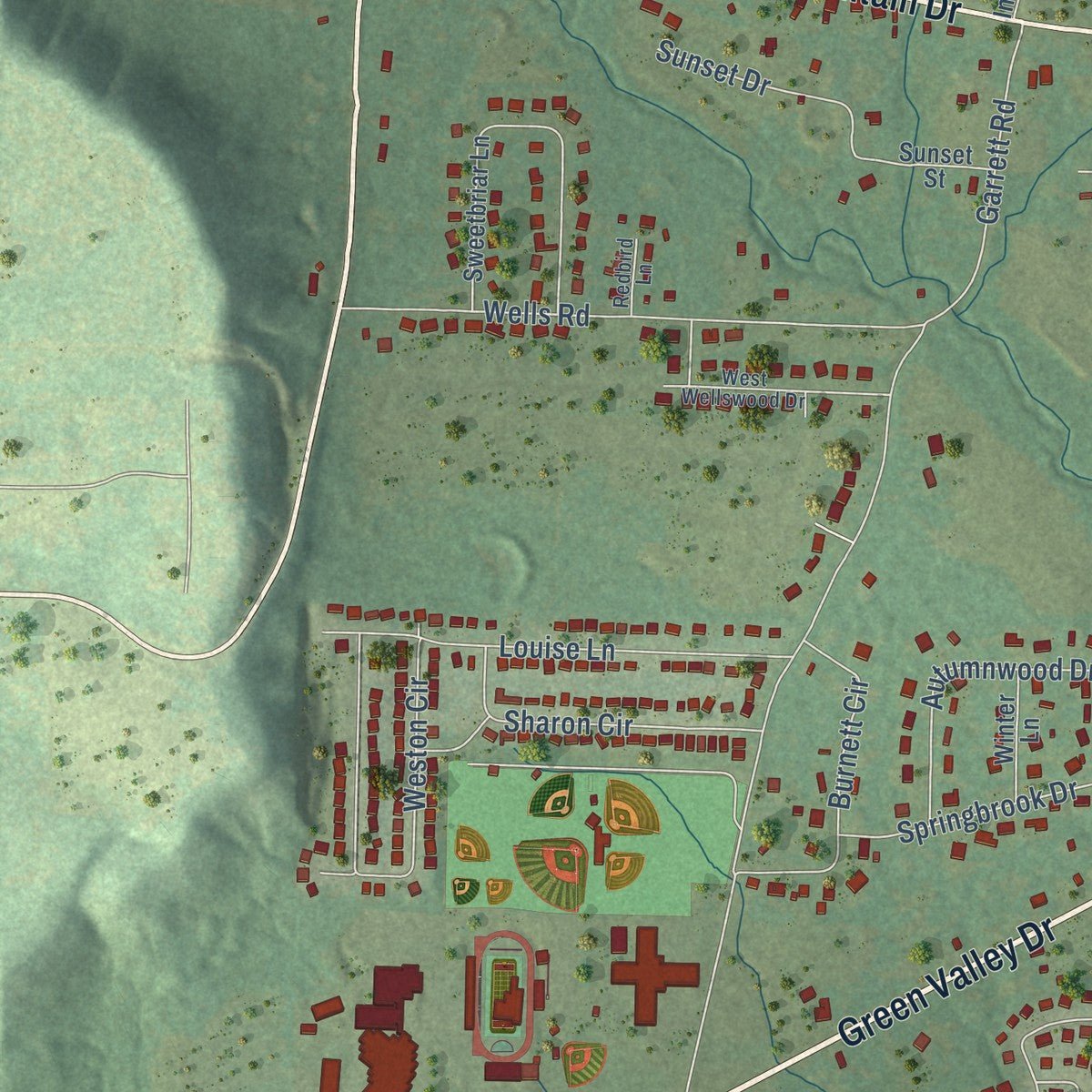 Second close-up of the map of Greenbrier, Arkansas print showing more streets and buildings