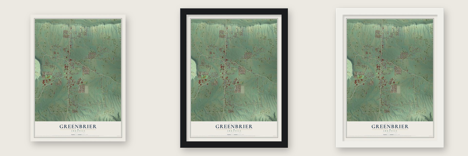 Greenbrier, Arkansas map unframed, in a black wood frame and in a white wood frame
