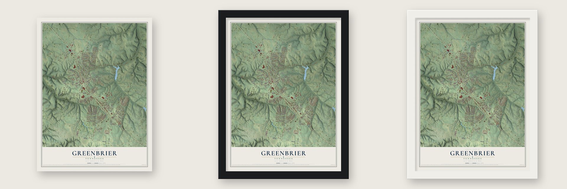 Greenbrier, Tennessee map unframed, in a black wood frame and in a white wood frame