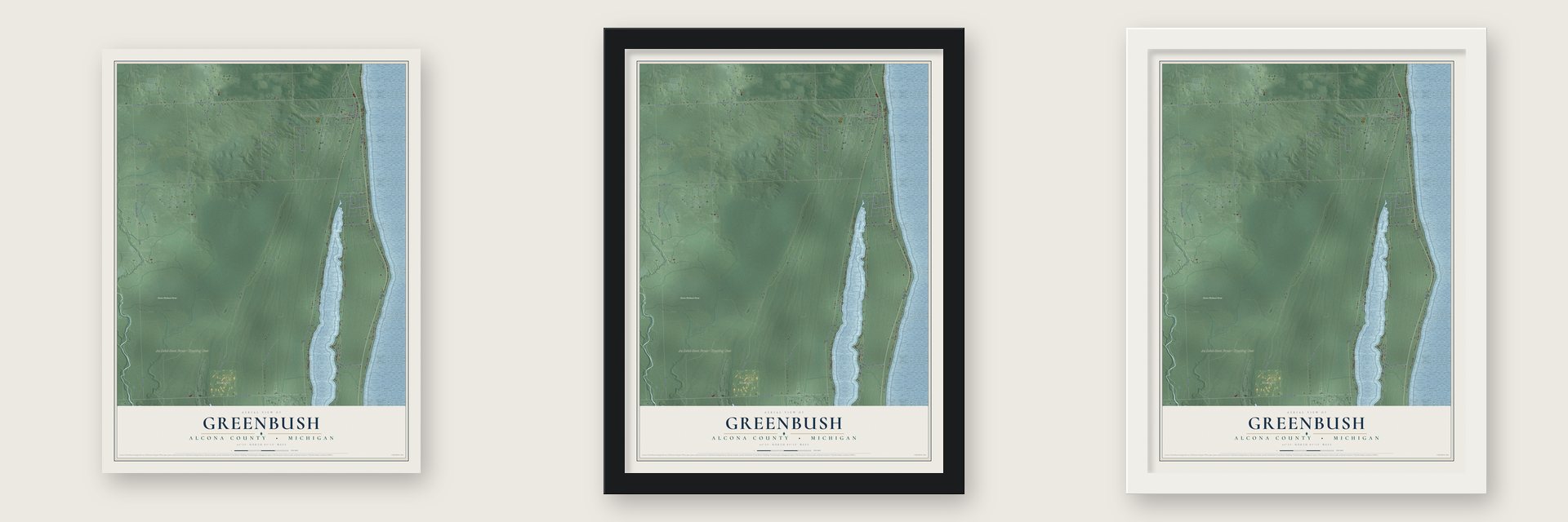 Greenbush, Alcona County, Michigan map unframed, in a black wood frame and in a white wood frame