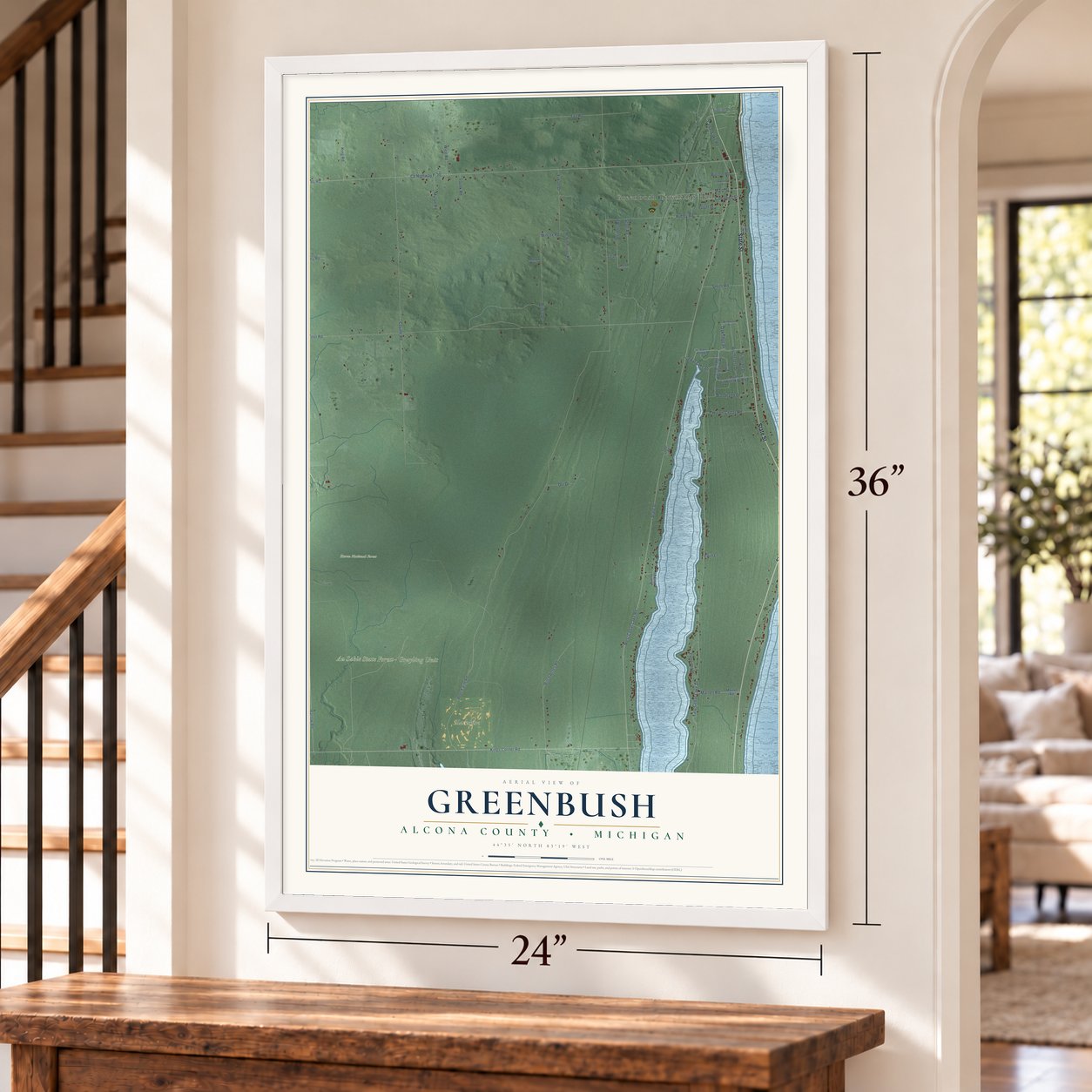 Greenbush, Alcona County, Michigan map, 24 x 36 inch print in a white frame by a staircase
