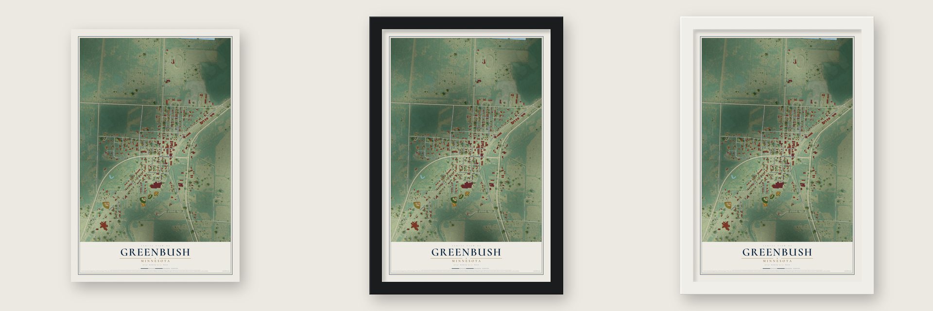 Greenbush, Minnesota map unframed, in a black wood frame and in a white wood frame