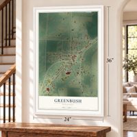 Greenbush, Minnesota map, 24 x 36 inch print in a white frame by a staircase