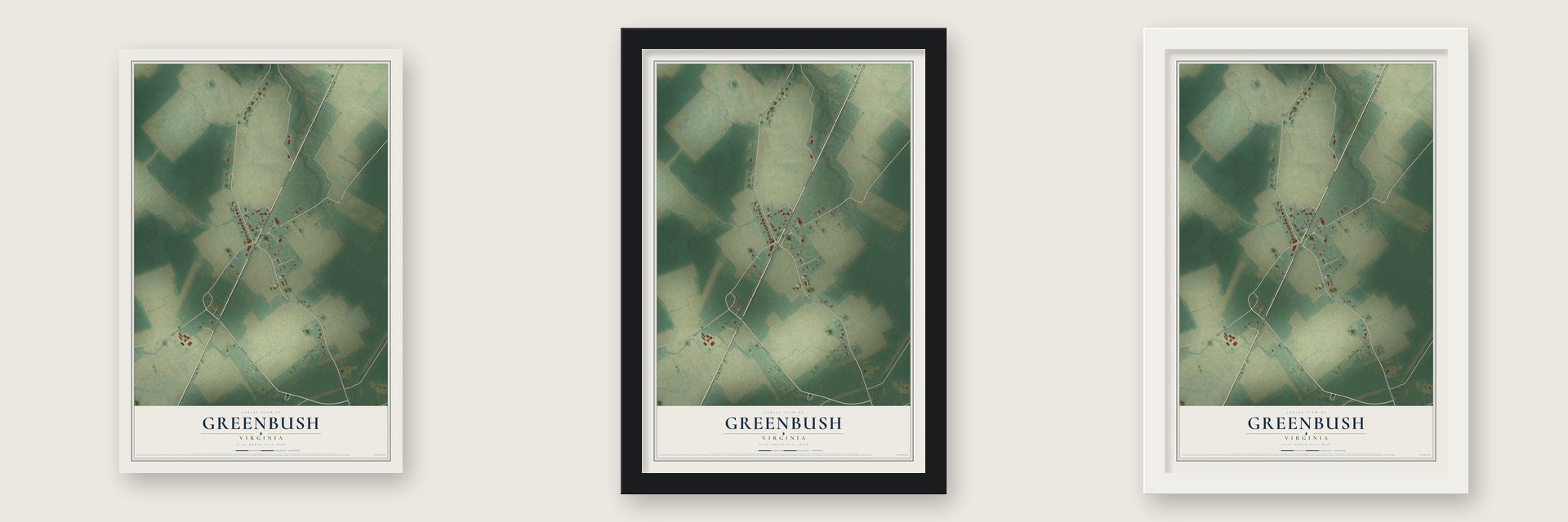 Greenbush, Virginia map unframed, in a black wood frame and in a white wood frame