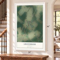 Greenbush, Virginia map, 24 x 36 inch print in a white frame by a staircase