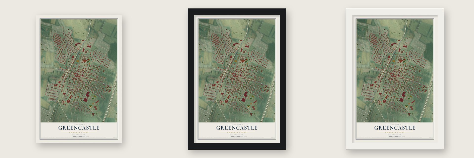 Greencastle, Pennsylvania map unframed, in a black wood frame and in a white wood frame
