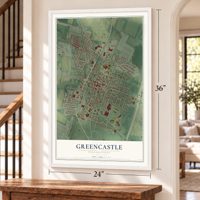 Greencastle, Pennsylvania map, 24 x 36 inch print in a white frame by a staircase
