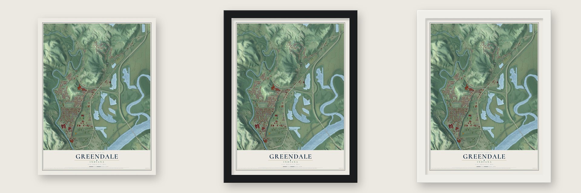 Greendale, Indiana map unframed, in a black wood frame and in a white wood frame