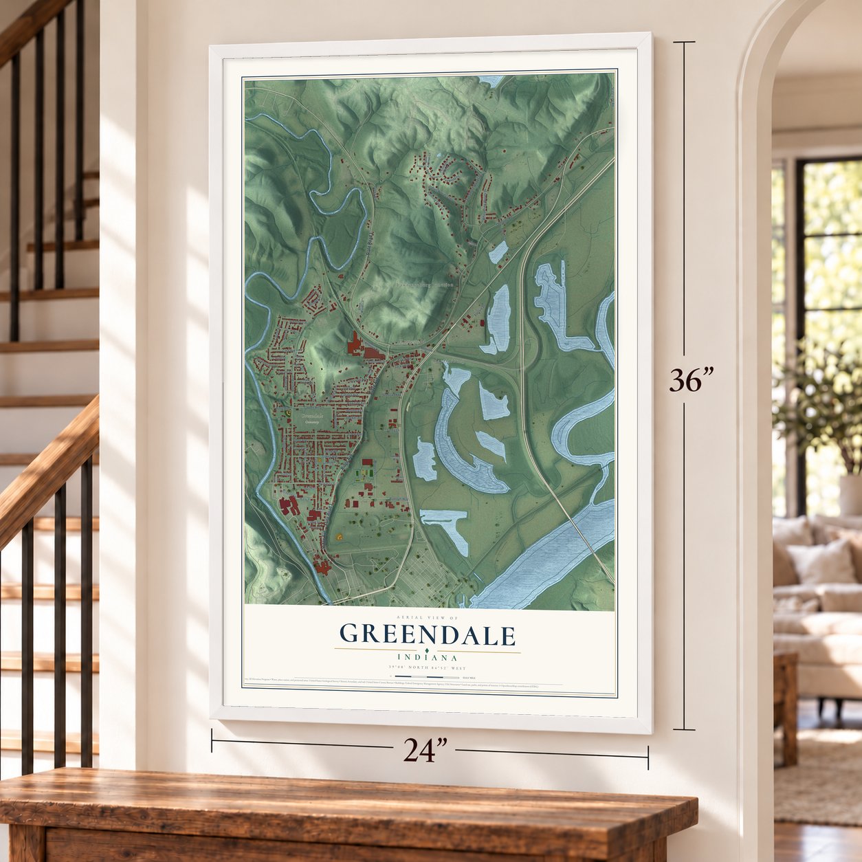 Greendale, Indiana map, 24 x 36 inch print in a white frame by a staircase