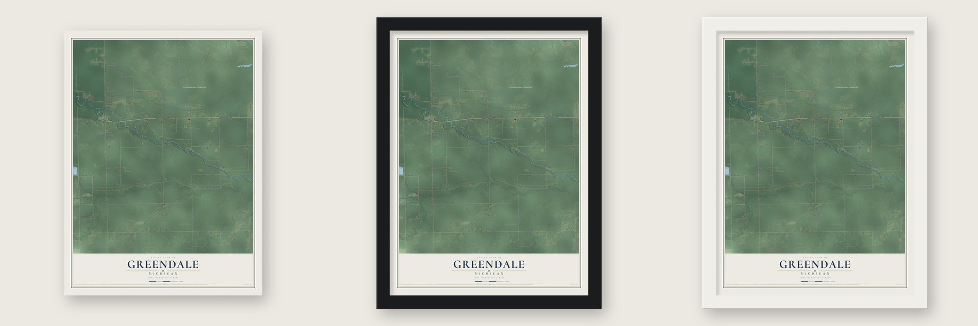 Greendale, Michigan map unframed, in a black wood frame and in a white wood frame