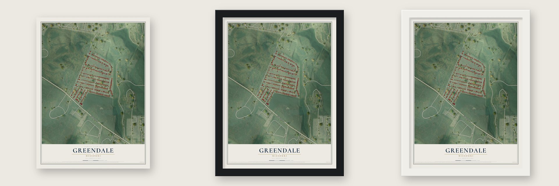 Greendale, Missouri map unframed, in a black wood frame and in a white wood frame