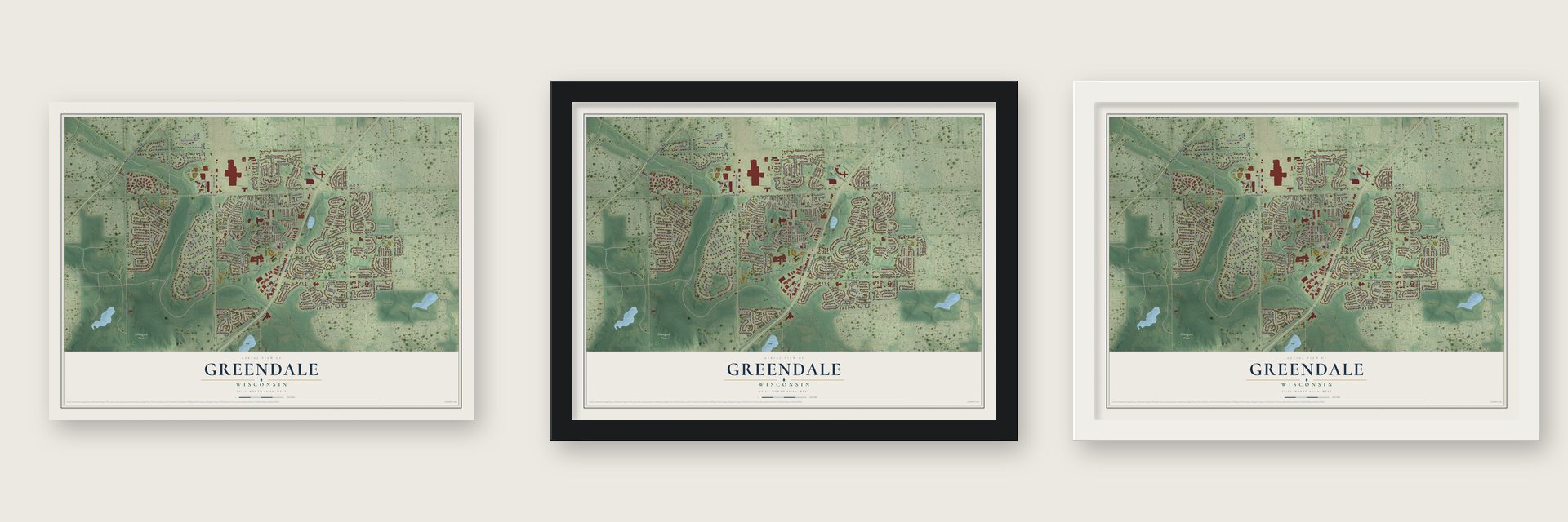 Greendale, Wisconsin map unframed, in a black wood frame and in a white wood frame