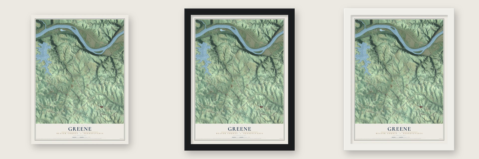 Greene, Beaver County, Pennsylvania map unframed, in a black wood frame and in a white wood frame