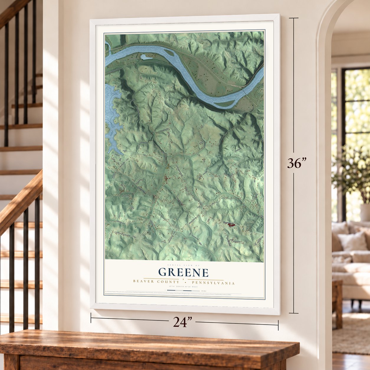 Greene, Beaver County, Pennsylvania map, 24 x 36 inch print in a white frame by a staircase