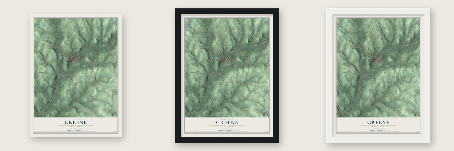 Greene, New York map unframed, in a black wood frame and in a white wood frame