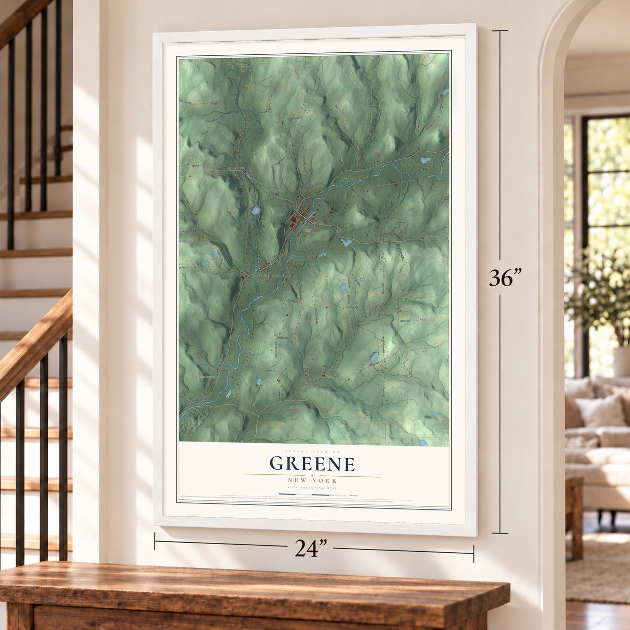 Greene, New York map, 24 x 36 inch print in a white frame by a staircase