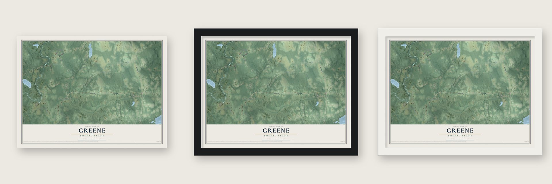 Greene, Rhode Island map unframed, in a black wood frame and in a white wood frame