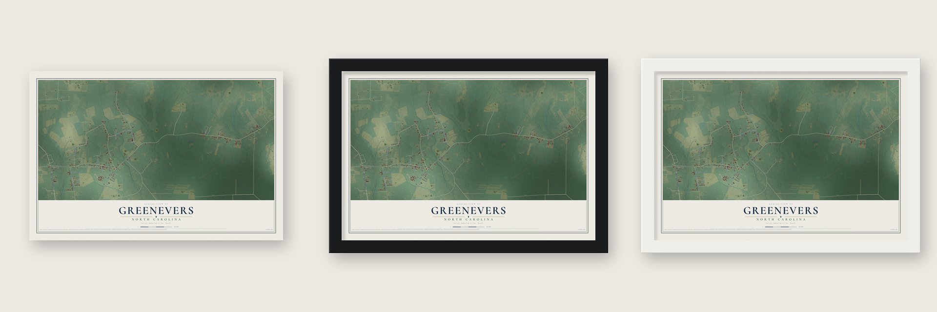 Greenevers, North Carolina map unframed, in a black wood frame and in a white wood frame