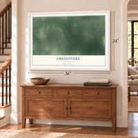 Greenevers, North Carolina map, 24 x 36 inch print in a white frame above a dresser by a staircase