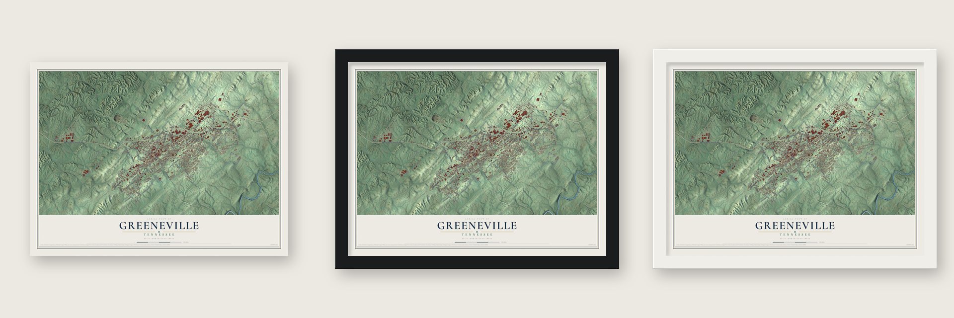 Greeneville, Tennessee map unframed, in a black wood frame and in a white wood frame