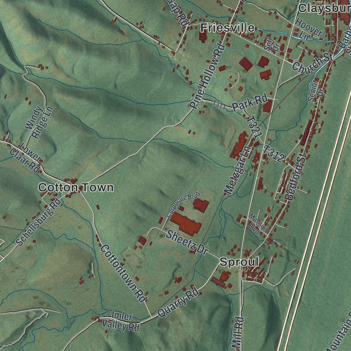 Second close-up of the map of Greenfield, Blair County, Pennsylvania print showing more streets and buildings