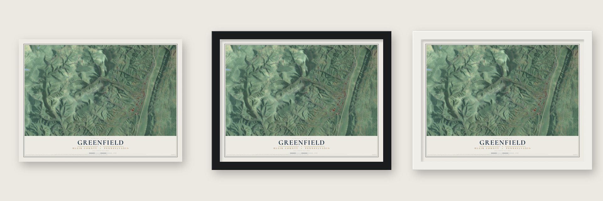 Greenfield, Blair County, Pennsylvania map unframed, in a black wood frame and in a white wood frame