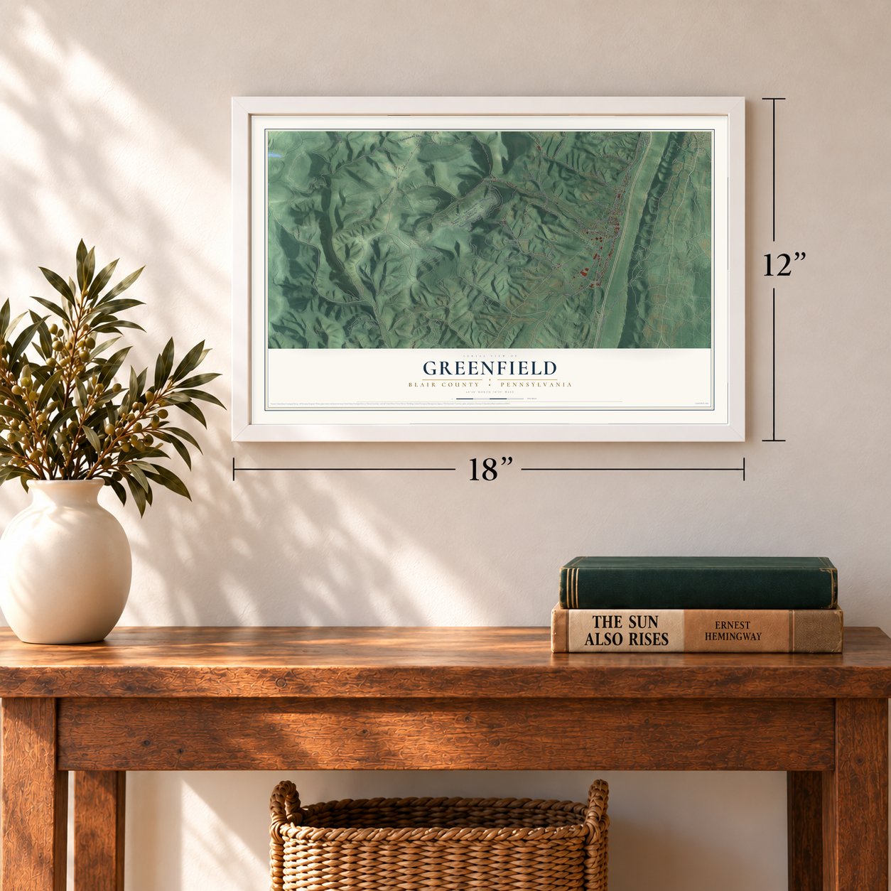 Greenfield, Blair County, Pennsylvania map, 12 x 18 inch print in a white frame in an entryway