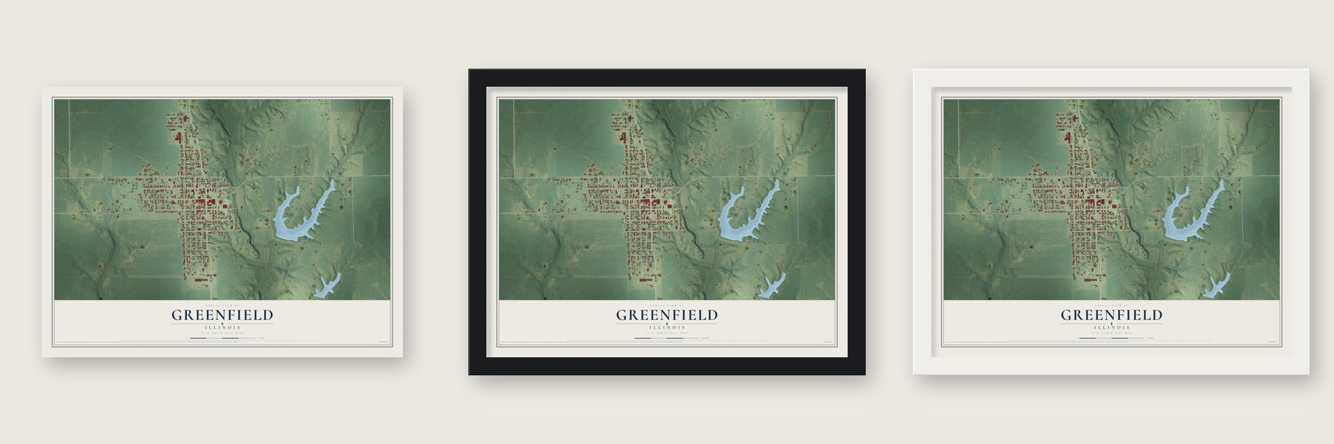 Greenfield, Illinois map unframed, in a black wood frame and in a white wood frame