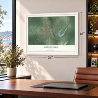 Greenfield, Illinois map, 18 x 24 inch print in a white frame in a home office