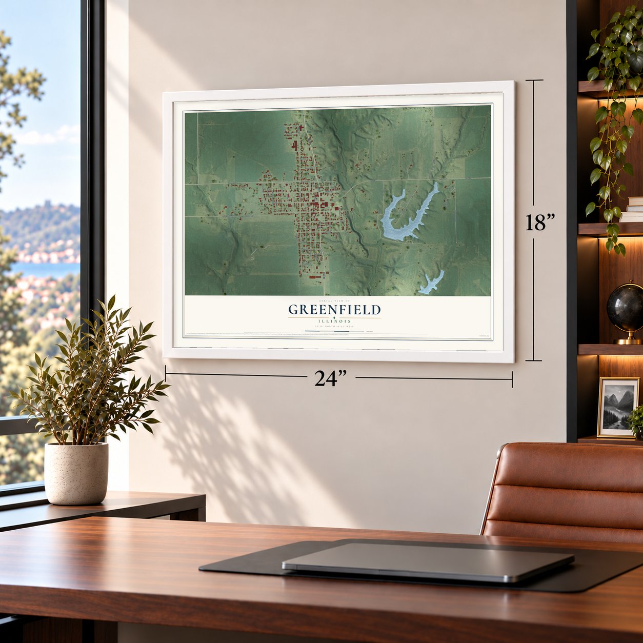 Greenfield, Illinois map, 18 x 24 inch print in a white frame in a home office