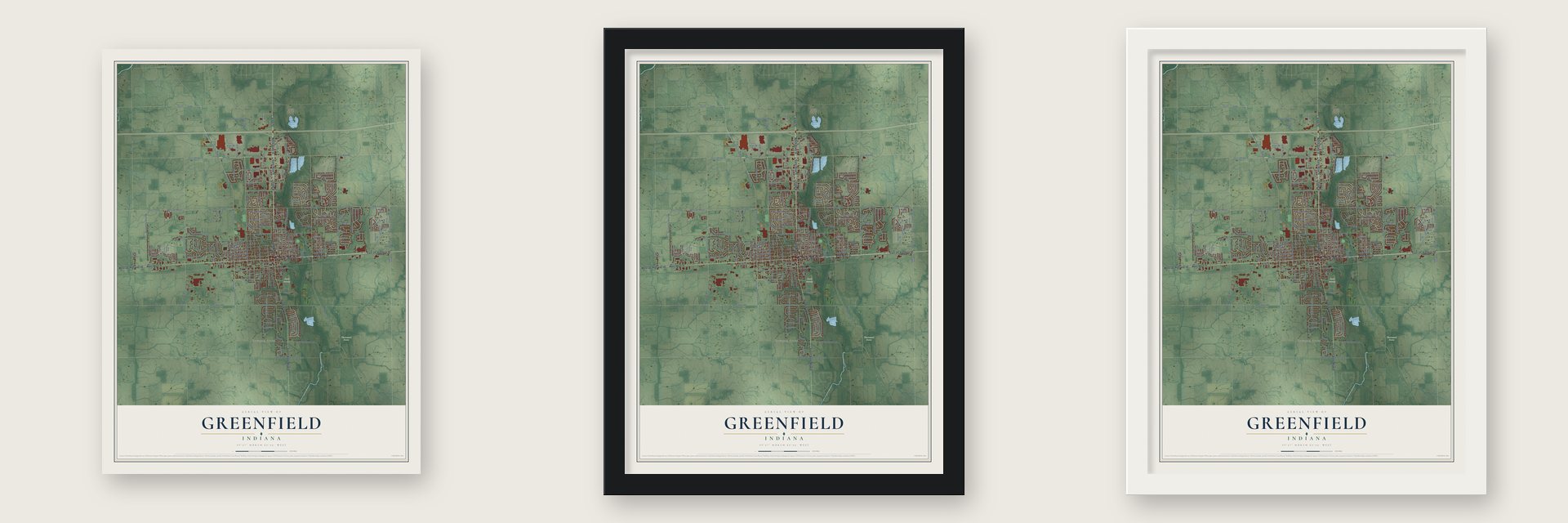Greenfield, Indiana map unframed, in a black wood frame and in a white wood frame