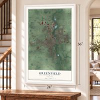 Greenfield, Indiana map, 24 x 36 inch print in a white frame by a staircase