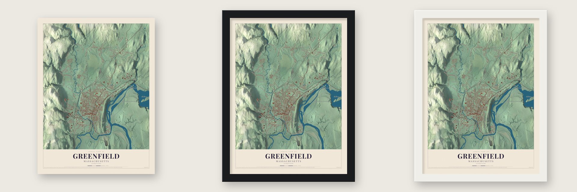 Greenfield, Massachusetts map unframed, in a black wood frame and in a white wood frame